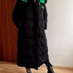 Prémium Fekete hosszú téli kabát zöld betéttel