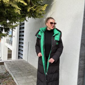 Prémium Fekete hosszú téli kabát zöld betéttel