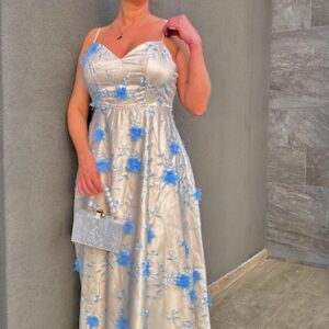 Bézs- 3D Kék virágos ruha